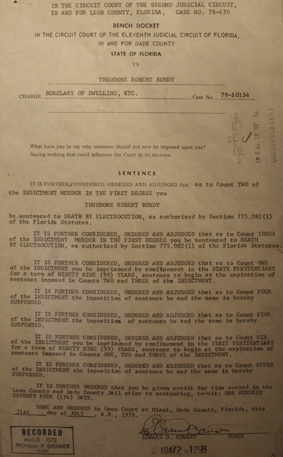 Photograph of the July 31, 1979 Florida bench docket imposing sentences in the Chi Omega murder case against Theodore Robert Bundy