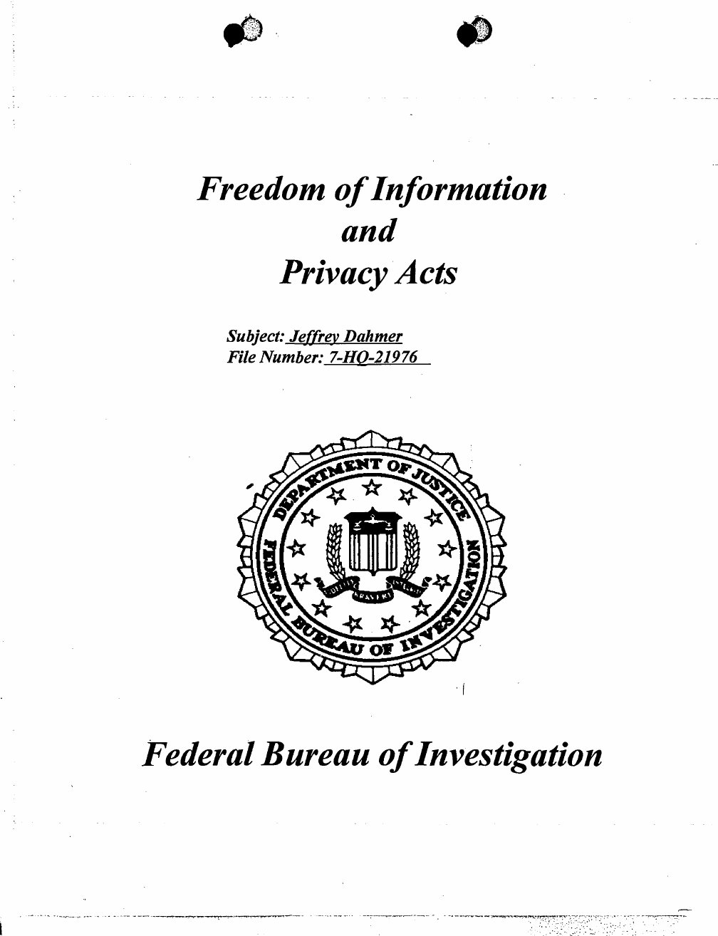 Cover of the Federal Bureau of Investigation Freedom of Information and Privacy Acts release for Jeffrey Dahmer, file 7-HQ-21976