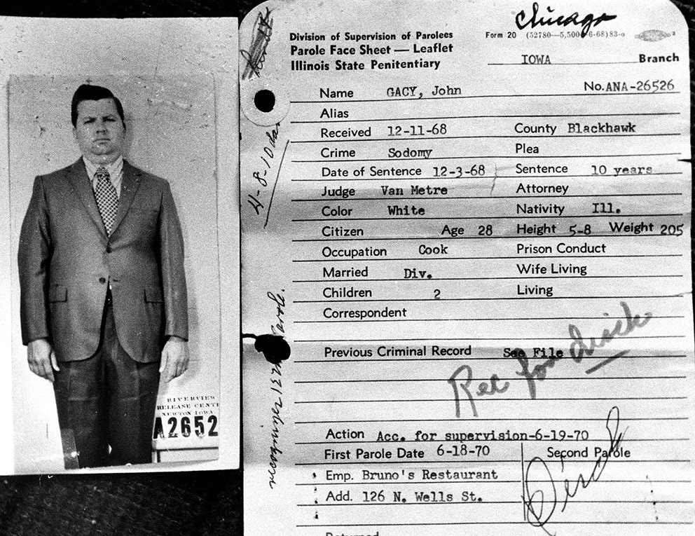 John Wayne Gacy parole face sheet with a full-length identification photograph and handwritten release annotations