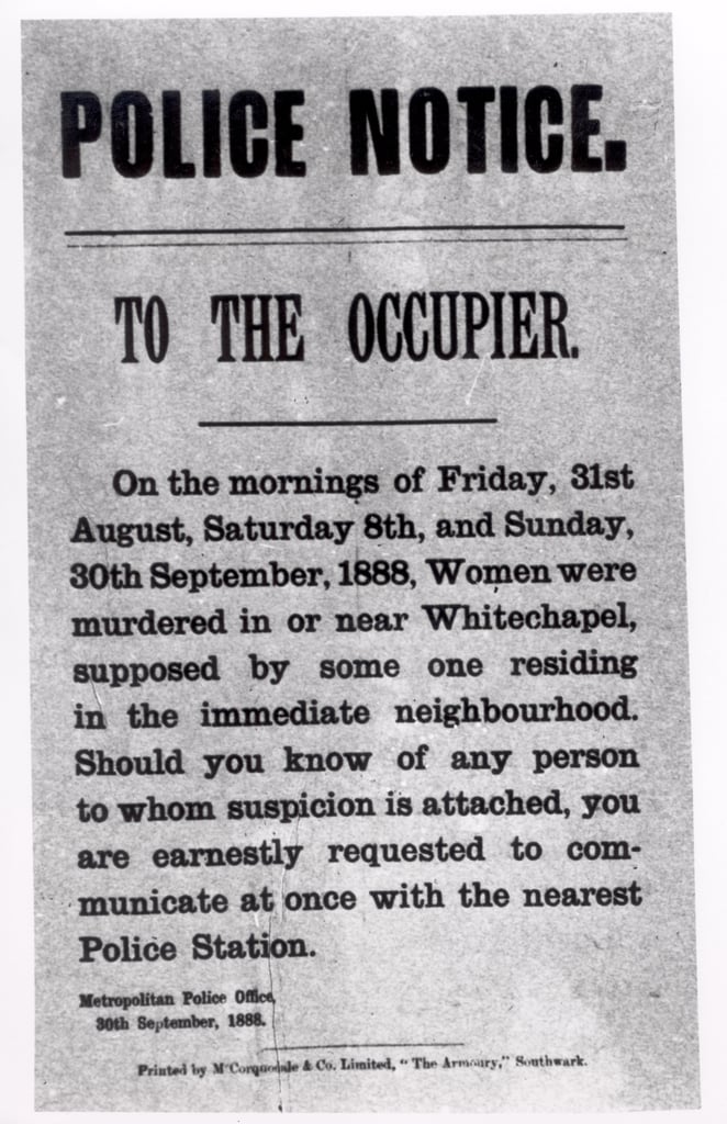 Metropolitan Police notice asking Whitechapel residents to report suspicious persons on September 30, 1888