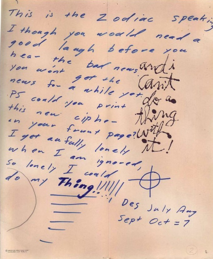 November 8, 1969 Dripping Pen card and 340-symbol cipher sent to the San Francisco Chronicle