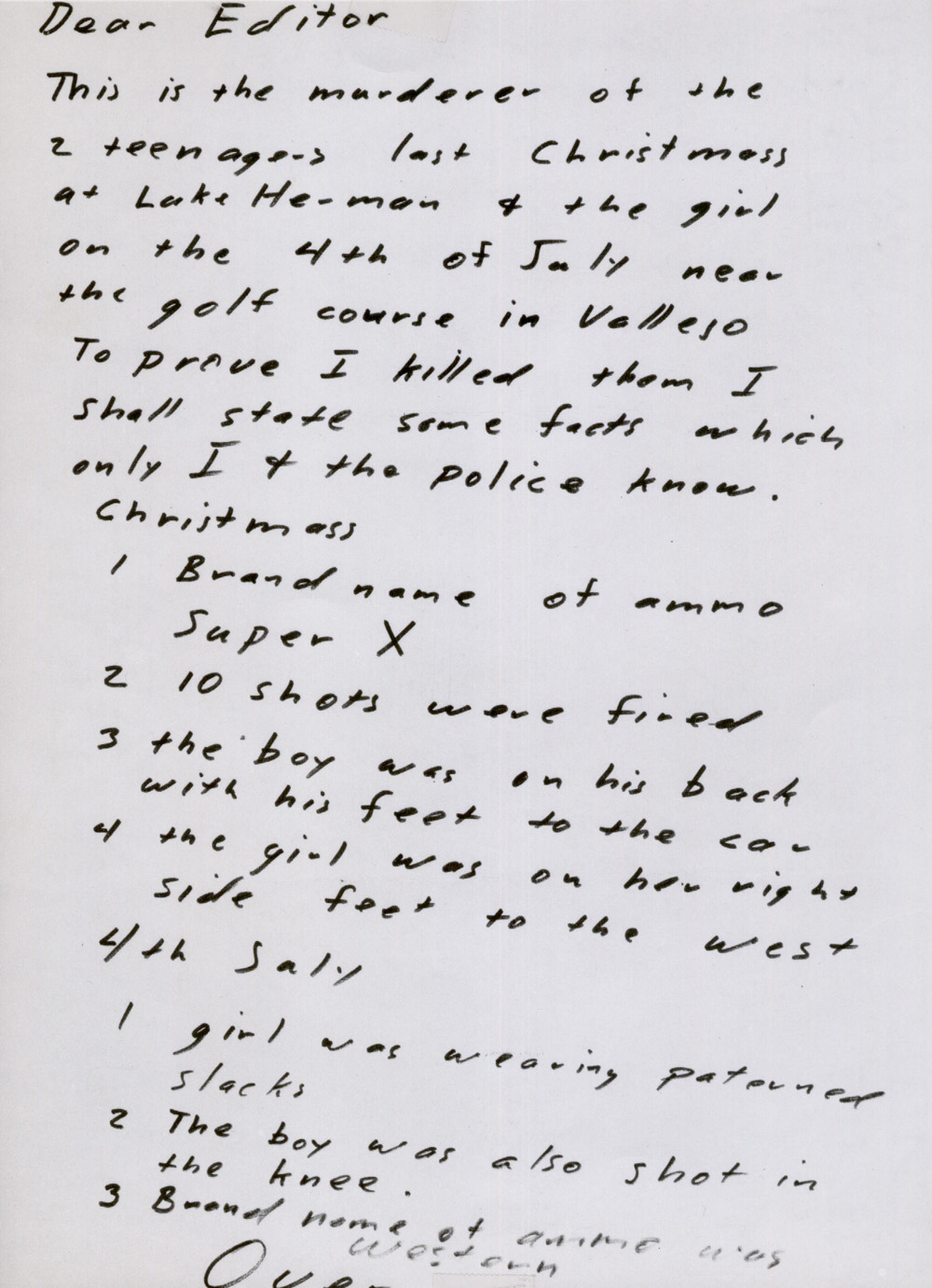 First page of the July 31, 1969 letter claiming the Lake Herman Road and Blue Rock Springs attacks