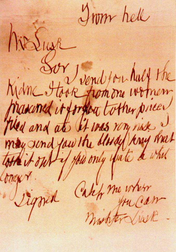 Photographic copy of the now-lost From Hell letter postmarked October 15, 1888; its authorship was never authenticated
