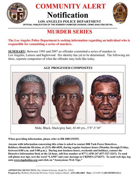 Los Angeles Police Department community alert issued in 2009 with age-progressed composite drawings seeking information in the Grim Sleeper investigation