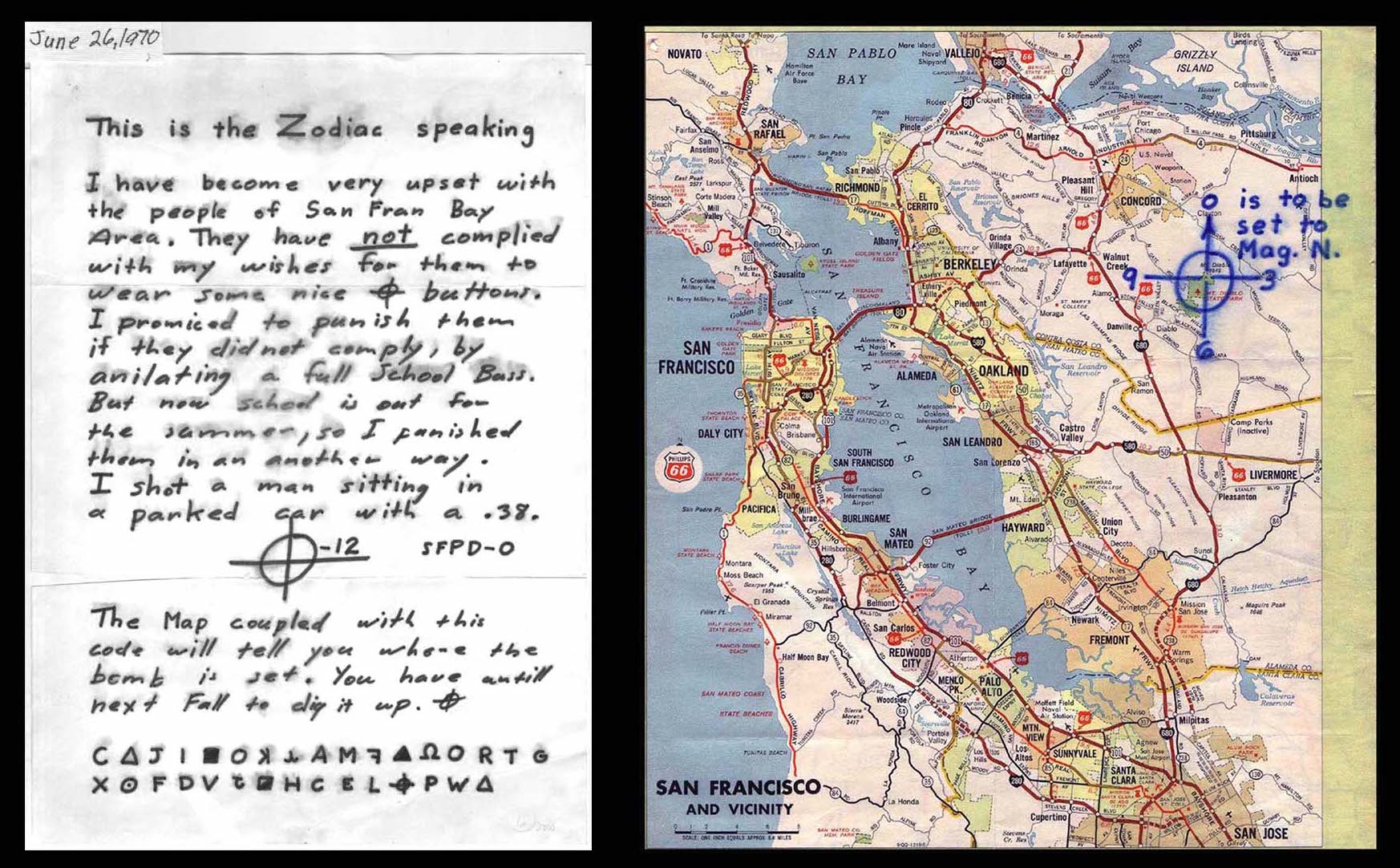 June 26, 1970 Zodiac letter displayed beside its accompanying San Francisco Bay Area map and code